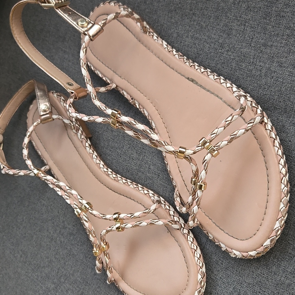 Aldo Gold and Cream T-strap Braided Sandals European Holiday Metallic Neutral